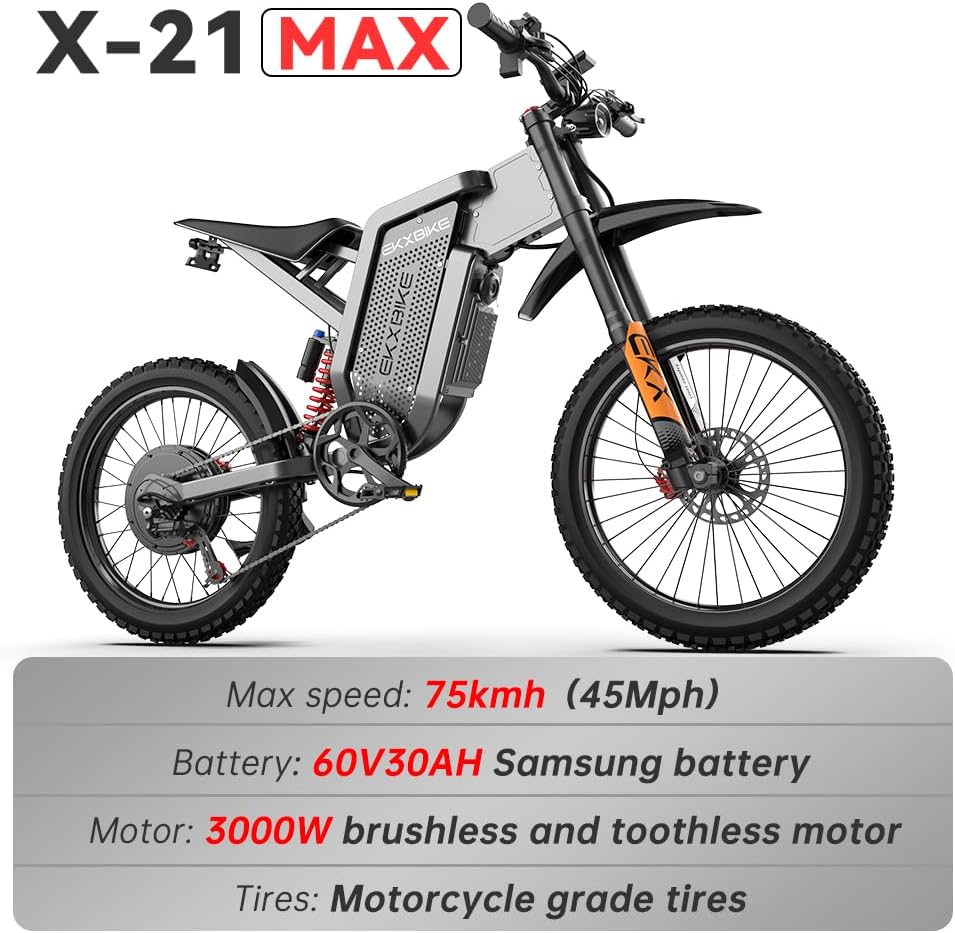 EKXBIKE X21 Max 19" Off-Road Electric Bike Dual Hydraulic Shock 3000W Motor 60V 30Ah Battery