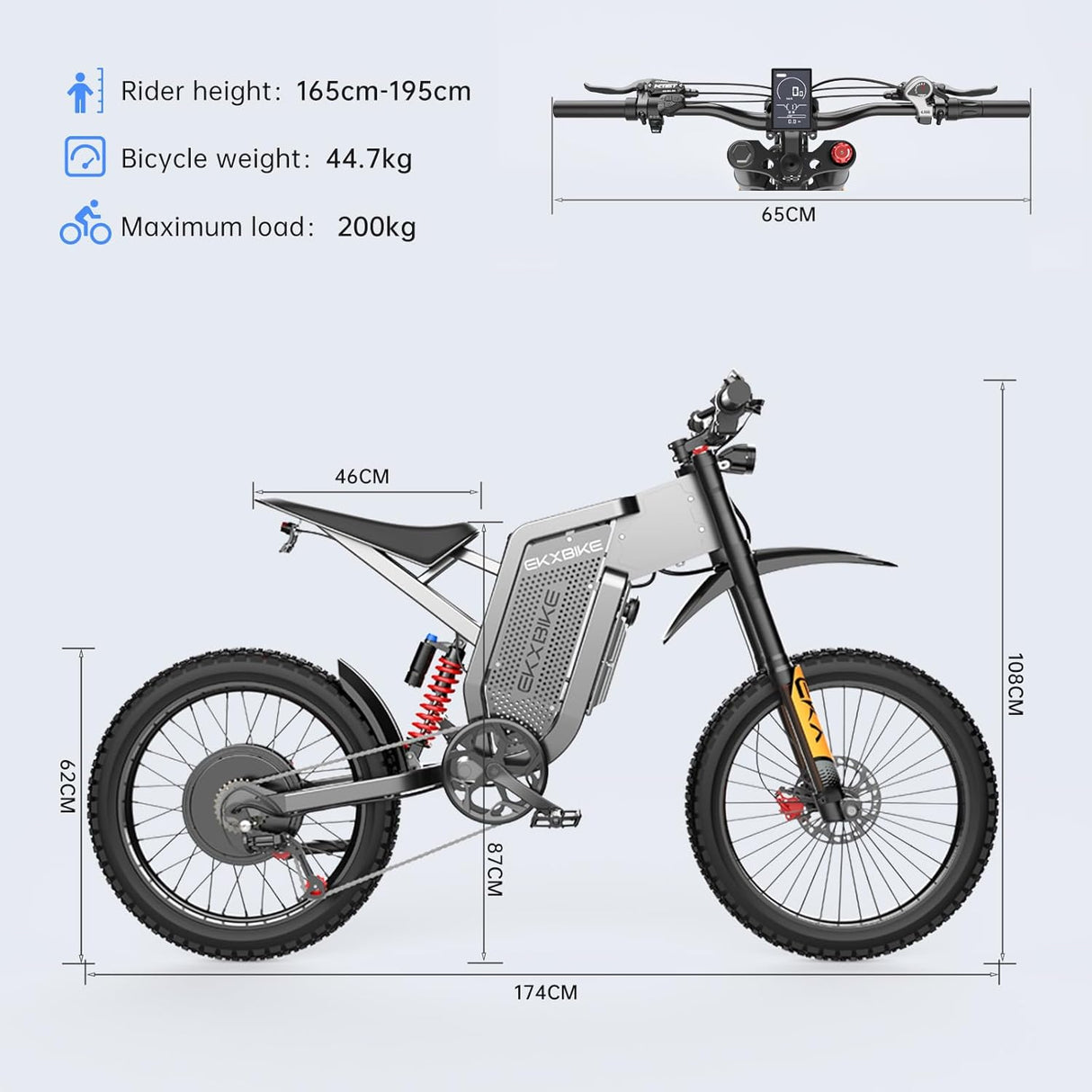 EKXBIKE X21 Max 19" Off-Road Electric Bike Dual Hydraulic Shock 3000W Motor 60V 30Ah Battery