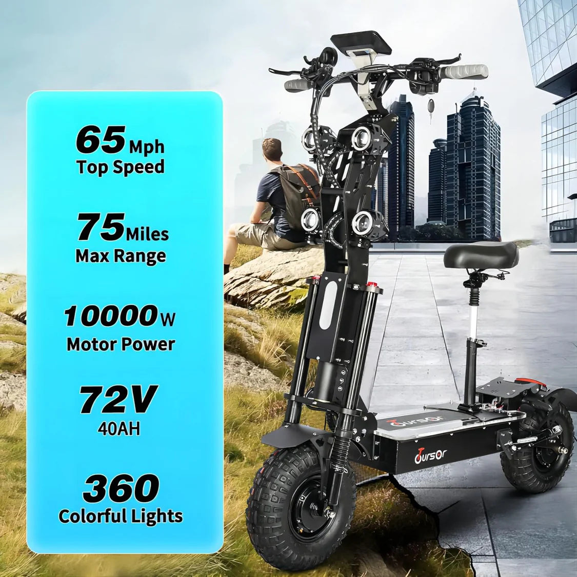 TOURSOR X14 72V 14" Folding Electric Scooter with Seat 2*5000W Dual Motors 72V 40Ah Battery